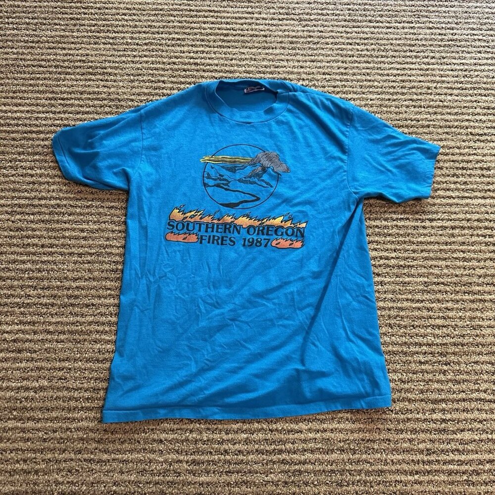 Vintage Southern Oregon Fires 80s 1987 Men’s Large Teal T-shirt Shirt